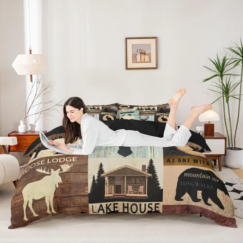 Vista 5 de Funda de edredón de cabaña marrón retro, juego de ropa de cama de retazos con diseño de oso del bosque, ciervos para cabaña rústica, funda de Multi