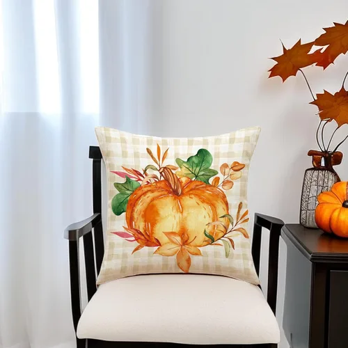 Vista 3 de Fundas de almohada de otoño de 18 x 18 pulgadas, diseño de acuarela naranja, calabaza, búfalo, hojas a cuadros, funda de almohada decorativa