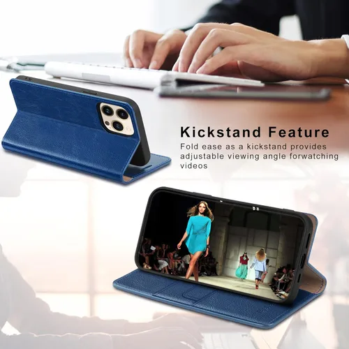 Vista 6 de Belemay Funda compatible con iPhone 15 Pro, piel auténtica, tarjetero con bloqueo RFID, carcasa de poliuretano termoplástico a prueba de golpes