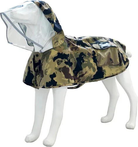 Vista 15 de Chubasquero impermeable para perros, ropa impermeable ajustable con tira reflectante y ligera con capucha tipo poncho (Verde Ejército, XS)