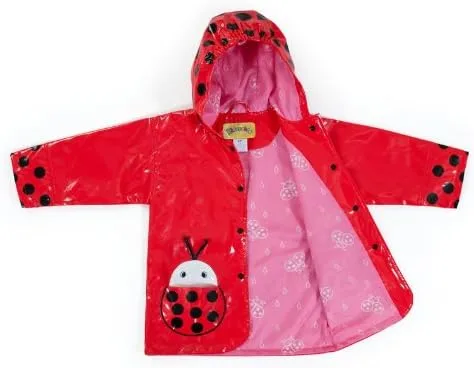 Vista 2 de Kidorable Chubasquero rojo de PU para todo tipo de clima para niñas con lunares divertidos y bolsillo de mariquita