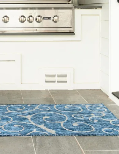 Vista 5 de Rugs.com Outdoor Botanical Collection - Alfombra de tejido plano azul de 2 x 6 pies, perfecta para pasillos y entradas