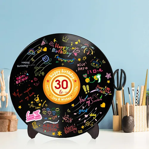 Vista 6 de Holkcog Disco de vinilo para decoración de cumpleaños, letrero de arte de graffiti con soporte, libro de invitados de feliz cumpleaños para hombres