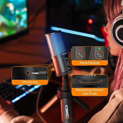 Vista 4 de COMICA EJoy UNI S - Micrófono USB para juegos para PC, micrófono de condensador RGB con reducción de ruido, soporte para trípode, micrófono