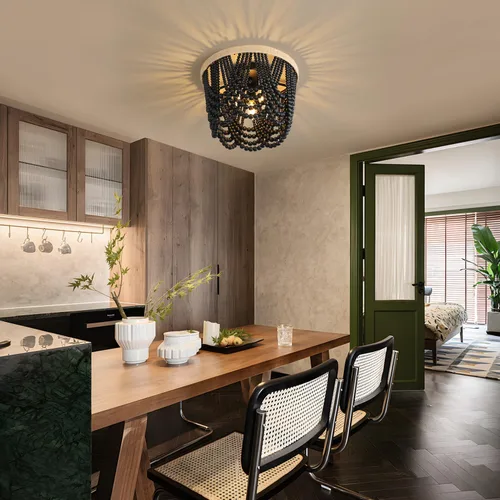 Vista 3 de Bohemian Lighting Candelabro Bohemio Hecho a Mano con Cuentas Candelabro Vintage de Cuerda de Cáñamo Tejida Iluminación de Techo 3 Luces Candelabro