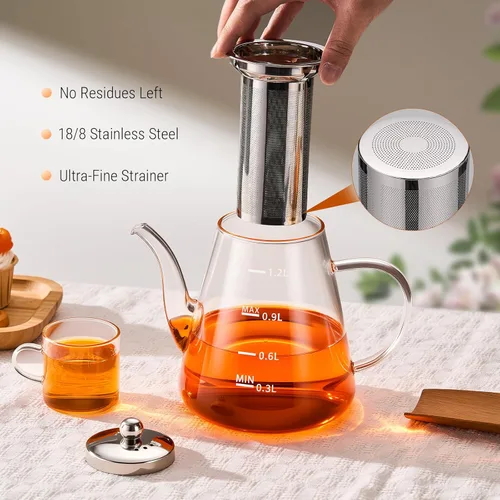 Vista 4 de PARACITY Estufa de vidrio de 41 onzas/40.6 fl oz, tetera con infusor de acero inoxidable extraíble, hervidor de té transparente de borosilicato