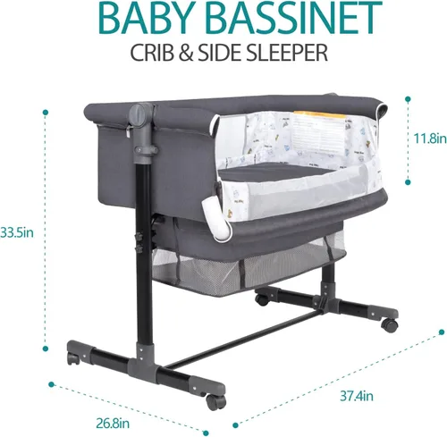 Vista 3 de GoFirst Moisés de noche para bebé, cama de noche con ruedas, ajustable, con mosquiteras, bolsa de almacenamiento grande, para bebébebérecién nacido