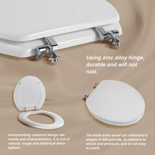 Vista 3 de Asiento de inodoro redondo blanco de madera natural con bisagras de aleación de zinc, fácil de instalar y también fácil de limpiar, asiento