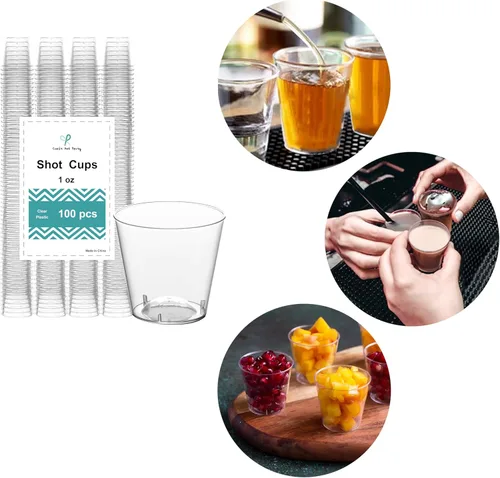 Vista 5 de Craft And Party, 100 piezas de vasos transparentes premium de 1 onza. Vasos transparentes desechables para degustación de vino, vodka, whisky, shots