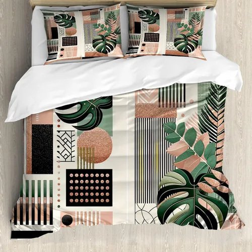 Vista 18 de Ambesonne Monstera - Juego de funda de edredón, estilo escandinavo bohemio, estampado triangular poligonal geométrico, juego de ropa de cama