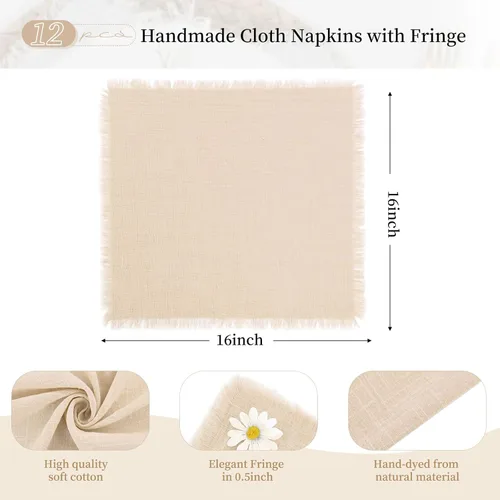 Vista 2 de Paquete de 12 servilletas de lino y algodón beige de 16 x 16 pulgadas, hechas a mano con flecos, servilletas de tela suave, lavables y rústicas
