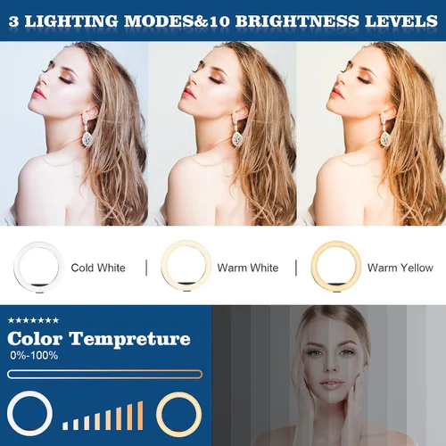 Vista 2 de HPUSN - Anillo de luz con trípode: anillo de luz para selfie con anillo de soporte para teléfono, luz circular regulable para YouTube Live Stream