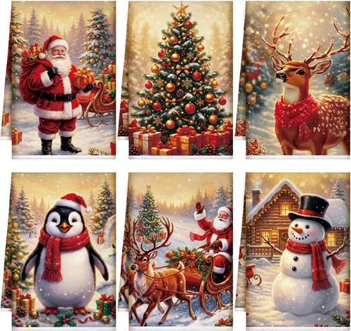 Vista 12 de 6 toallas de cocina navideñas, cuadros negros, dibujos animados