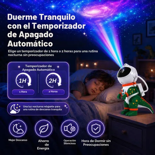 Vista 6 de Luz Nocturna de Proyección de Estrellas Galácticas, Proyector Espacial de Astronauta Dinosaurio con Temporizador, Control Remoto, 8 Modos de Verde
