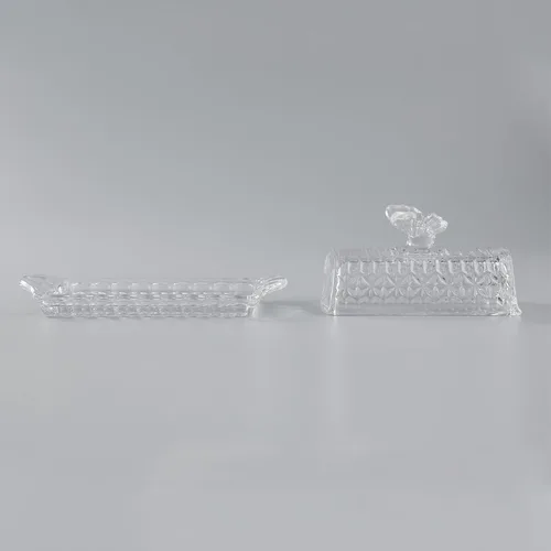 Vista 8 de HOWOK - Mantequillera de cristal con tapa y cuchillo de mantequilla de acero inoxidable, mango de mariposa, cubierta gruesa, soporte