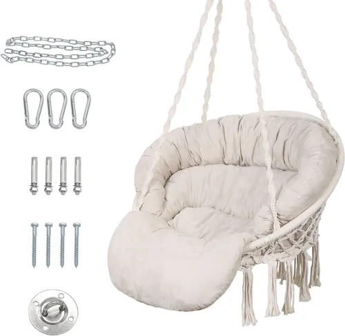 Silla hamaca con cojín, silla columpio de macramé hecha a mano con kits de accesorios para colgar, estilo bohemio, silla colgante de cuerda de Beige