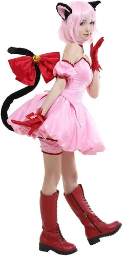 Vista 2 de miccostumes Disfraz de anime para mujer, vestido corto rosa transformado con orejas de gato y cola