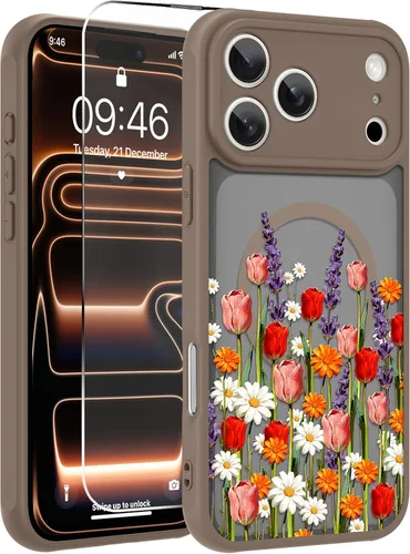Vista 112 de OOK Funda magnética para iPhone 13 Pro Max [compatible con MagSafe] Funda delgada translúcida mate con flor silvestre negra, protección para lente