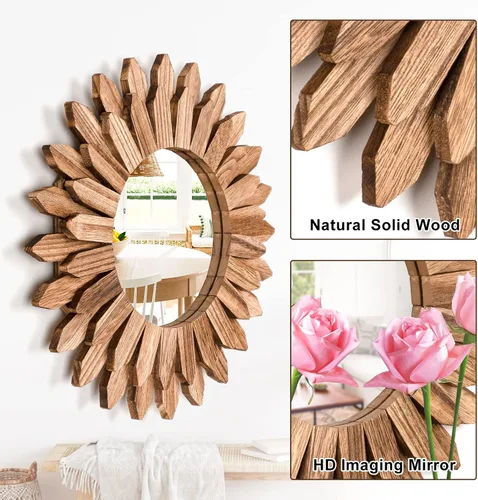 Vista 5 de Emfogo Espejo de Pared de 12 Pulgadas de Madera Rústica Sunburst Espejo Boho Decoración de Pared Decoración del Hogar para Dormitorio Sala de Estar