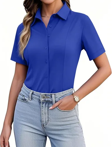 Vista 9 de Siliteelon Camisetas de Botón para Mujer, Ajustadas, de Manga Corta, Elásticas, Camisa de Vestir, Sin Arrugas, Sólida, Blusa de Trabajo