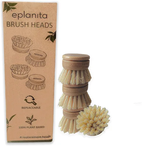 eplanita Cabezales de cepillo de repuesto (paquete de 4) para cepillo de platos de bambú, repuestos de cerdas de sisal, fibras de cactus de agave,