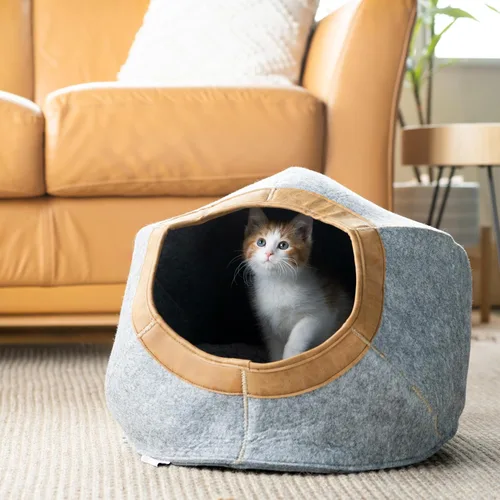Vista 5 de Kitty City Cama redonda de fieltro, cama cálida y acogedora para gatos, gris Cueva gris y marrón