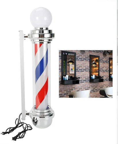 Vista 2 de Barber Shop - Lámpara de poste de rayas LED giratorias, lámpara clásica de barbería, letrero de rayas giratorias rojas, blancas y azules, ABS+hierro