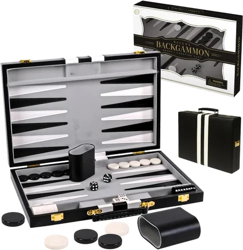 Vista 2 de Juego de Backgammon Premium de 11 Pulgadas Pequeño Negro - Juego de Backgammon para Adultos y Niños - Juego de Mesa de Backgammon de Efecto Cuero