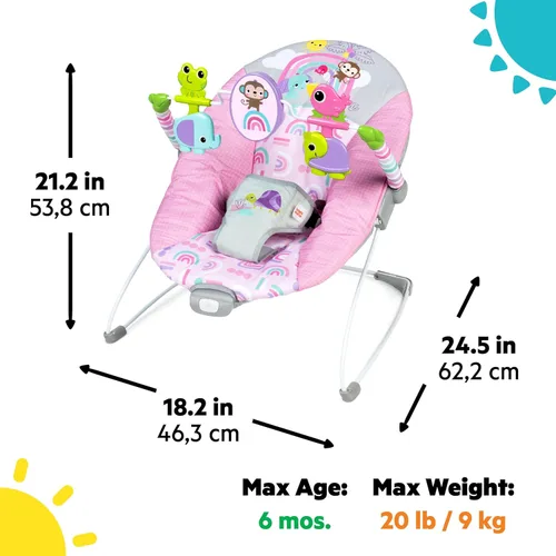 Vista 2 de Mecedora portátil Pink Paradise de Bright Starts con asiento para bebés con vibración y barra de juguetes, peso máximo de 20 libras, para bebés de 0