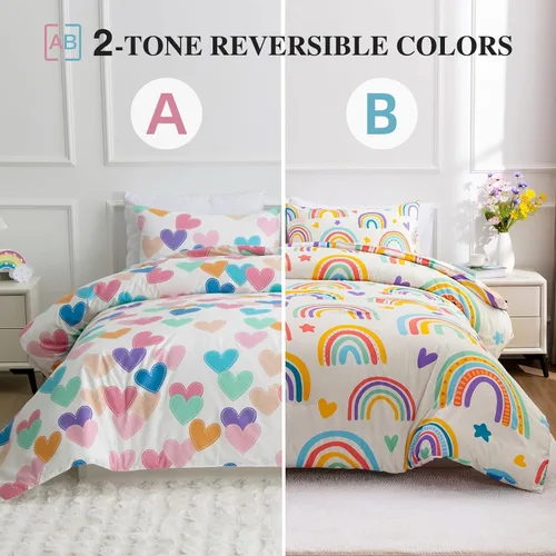 Vista 2 de Btargot Juego de edredón de 3 piezas para niños con 2 fundas de almohada, corazones de amor de dibujos animados, soles y estrellas, juego de ropa