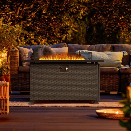 Vista 8 de Domi - Mesa de mimbre para fogata de gas propano de 43 pulgadas, 50,000 BTU con certificación CSA con mesa de aluminio similar a la madera