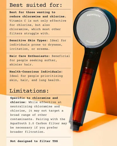 Vista 2 de AquaYouth Cabezal de ducha de mano con vitamina C Vitamina C integrada + bolas de cerámica que reducen el cloro y la cloramina, mientras mejora