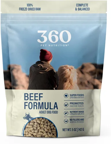 360 Pet Nutrition Alimento crudo liofilizado para perros – Receta de carne de res con hígado y órganos, alta proteína con omega-3, frutas, verduras