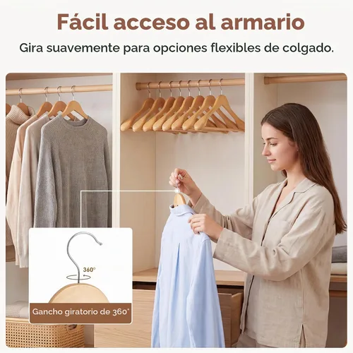Vista 6 de StorageWorks - Paquete de 6 perchas de madera extra anchas con hombro para abrigos, camisas, chaquetas, pantalones y trajes (color nogal claro)