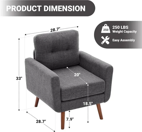 Vista 2 de Tbfit Silla decorativa, silla de lectura para sala de estar y dormitorio, sillón moderno de mediados de siglo, sillas de acento tapizadas con Gris
