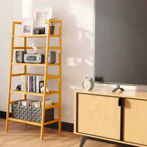 Vista 4 de Estantería de escalera, estante de bambú de 4 niveles, estante de 49.2 pulgadas, estante independiente para almacenamiento de baño, soporte