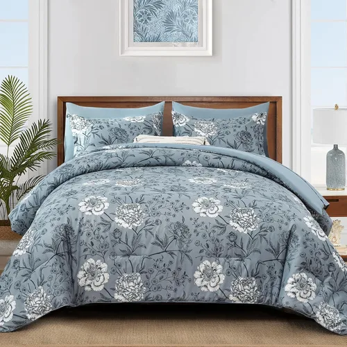 Vista 109 de Yiran - Juego de 7 piezas de edredón floral azul, juego de cama en una bolsa, tamaño Queen, juego de edredón de microfibra suave