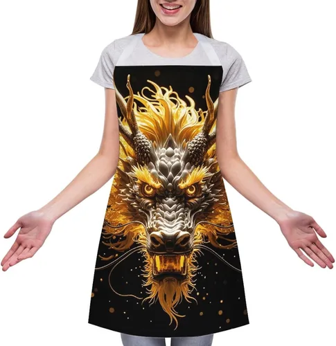 Vista 3 de MUSM Apron for Adults - 27.6 X 31.5 Inch, Heavy-Duty Polyester Aprons with Two Large Pockets, Waterproof Golden Dragon Head Kitchen Apron for