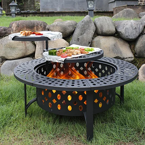 OutVue Fogata de 36 pulgadas con 2 parrillas, fogata de leña para exteriores con tapa, atizador y cubierta redonda impermeable, barbacoa y hoguera