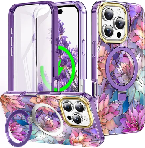 Vista 57 de Funda para iPhone 15 con protector de pantalla integrado, bonita funda de flores con soporte magnético invisible [compatible con MagSafe] funda A25