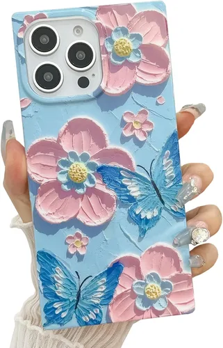Vista 13 de BANAILOA Funda compatible con iPhone 14 Pro con borde rectangular, bonita funda protectora de lujo con pintura al óleo y flores para mujeres