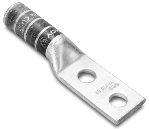 Burndy YA2C2TC38 Terminal de compresión de cobre de barril largo conductor de código Hylug de dos agujeros, conductor # 2 AWG, tamaño de orificio de