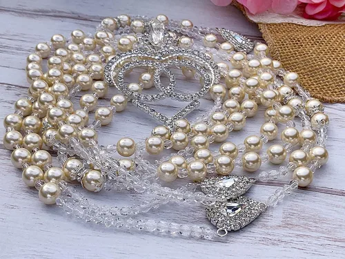 Non Catholic Cream Color Crystal pearls wedding Lasso with rhinestones Heart/Ivory Crystal pearls Wedding Lasso/Lazo de Boda en Perlas de Crystal