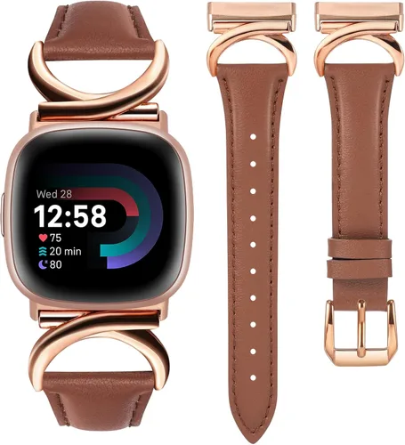 Vista 12 de Minyee Correas de cuero compatibles con Fitbit Versa 4/Versa 3/Fitbit Sense 2/Sense Band para mujer, correa de cuero delgada y elegante de diseño