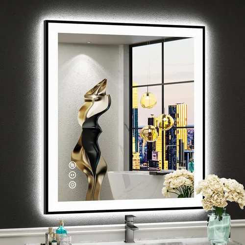 Vista 33 de Espejo de baño LED de 48 x 30 pulgadas con luces, retroiluminado + frontal iluminado, espejo de tocador con luz antiniebla para pared de baño con 3