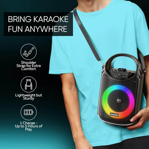 Vista 4 de MASINGO Máquina de karaoke para niños y adultos con 1 micrófono inalámbrico de karaoke y 1 micrófono con cable, altavoz portátil PA con luces LED