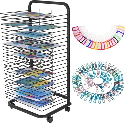 Towallmark Estante de secado de arte con 25 estantes flexibles, estante móvil de secado de pintura con 4 ruedas, estante de lienzo para
