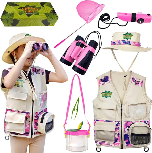 Vista 11 de Kidz@Play Kit de caza de insectos, chaleco safari verde, sombrero, binoculares, red de mariposa, contenedor de insectos, silbato, linterna, lupa