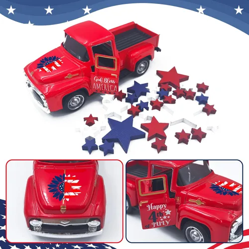 Vista 4 de Decoraciones del 4 de julio, camión de metal de granja con letrero de estrellas de madera, decoración del 4 de julio, centros de mesa patrióticos