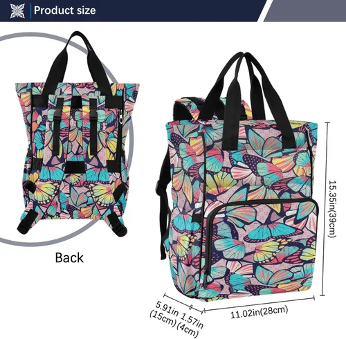 Vista 3 de Mochila para pañales con estampado de mariposas, bolsa de viaje de nailon con múltiples bolsillos para bebés con soportes para botellas, 11 x 15.3 x